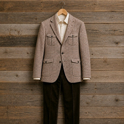A men's tailored blazer in a fine small-scale check pattern, styled with a cream dress shirt and dark trousers, hanging on a wooden hanger against a rustic brown wood plank wall.