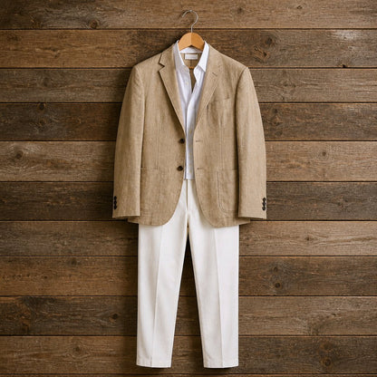 A men's three-piece suit set consisting of a beige linen blazer, white trousers, and a white dress shirt, hanging on a wooden hanger against a rustic brown wood plank wall.