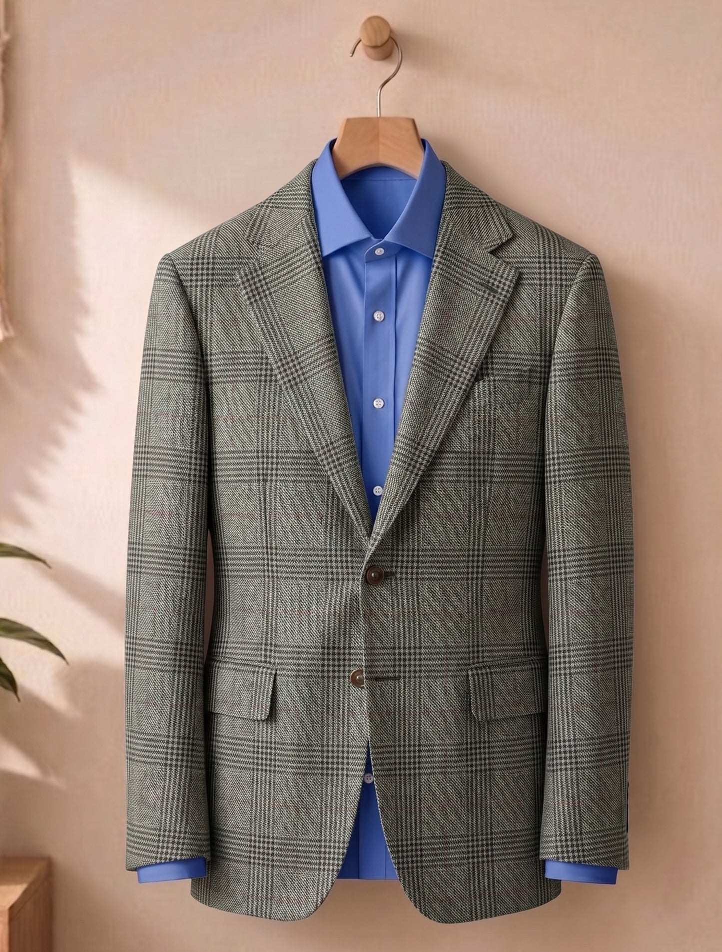 A men's two-button blazer in a gray and black windowpane plaid pattern, styled over a bright blue dress shirt and hanging on a wooden hanger against a warm beige wall.
