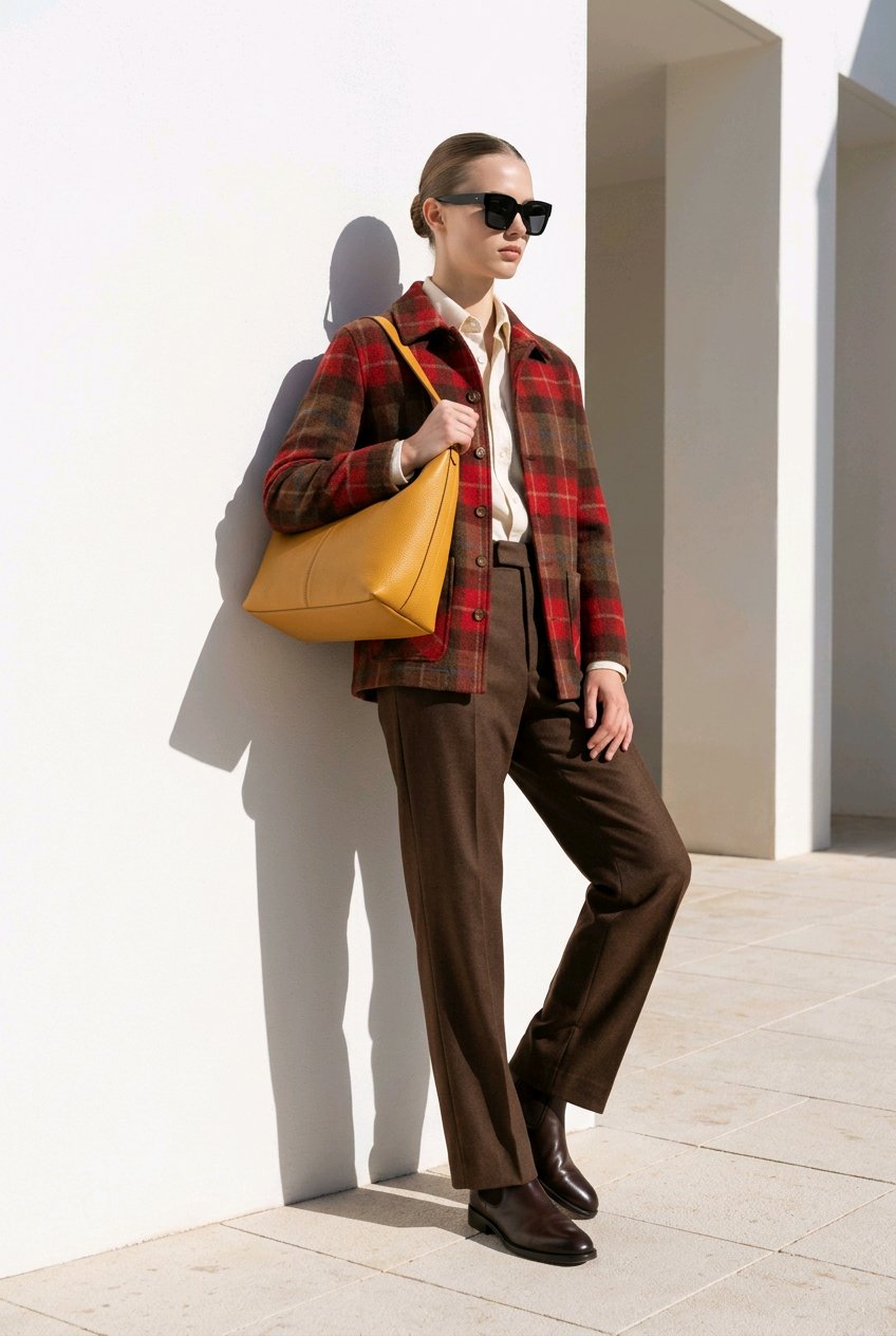 A model stands against a white wall wearing a red and brown plaid overshirt, brown trousers, a cream shirt, and brown shoes, while carrying a large mustard yellow leather shoulder bag.