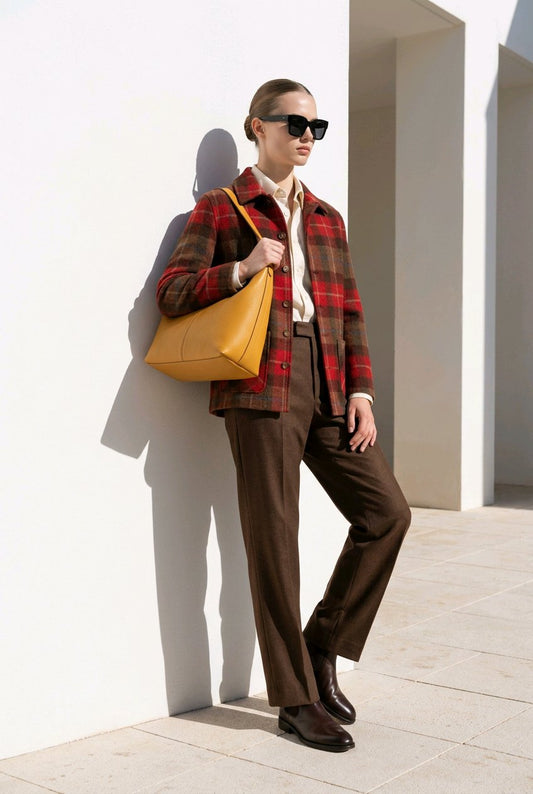 A model stands against a white wall wearing a red and brown plaid overshirt, brown trousers, a cream shirt, and brown shoes, while carrying a large mustard yellow leather shoulder bag.