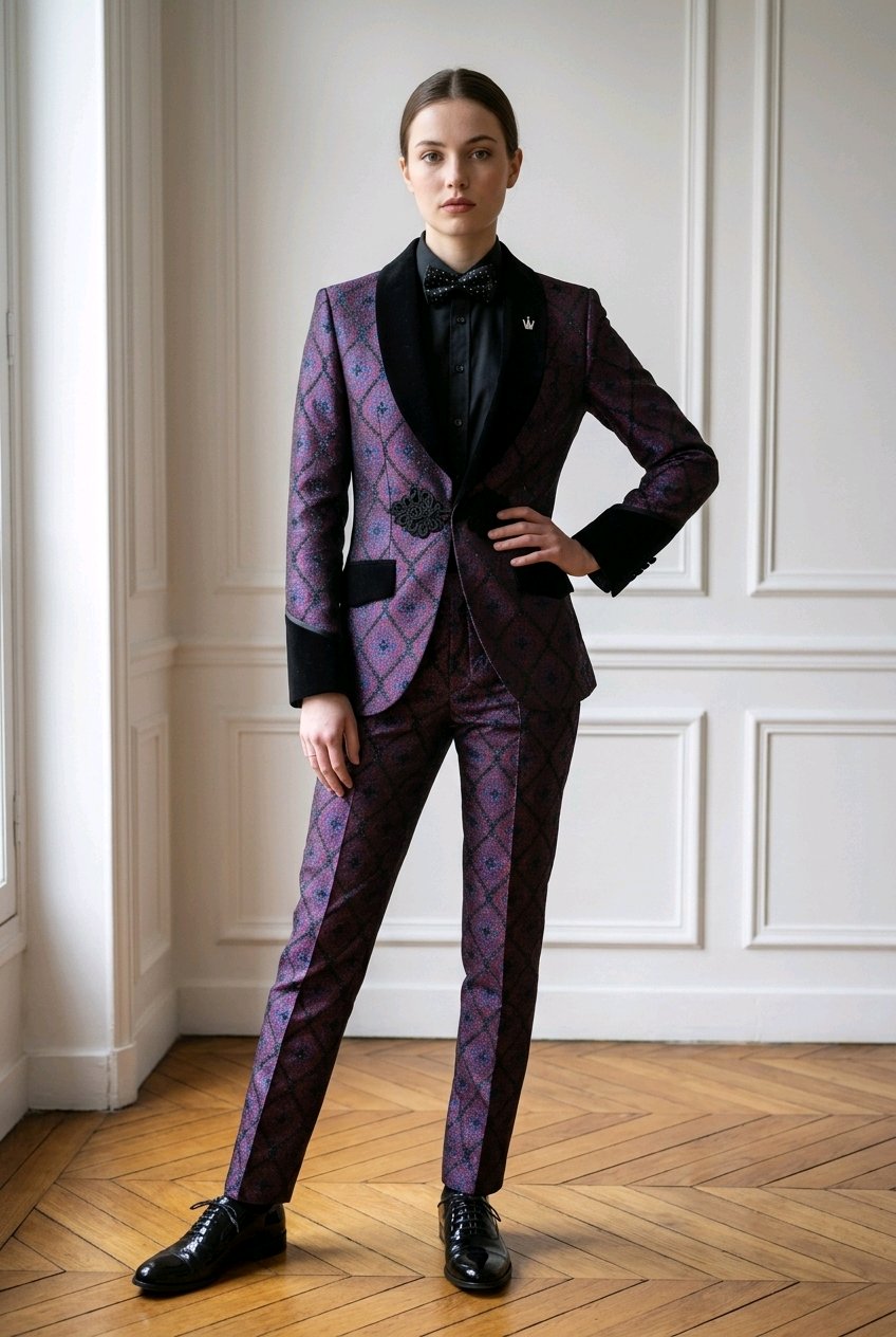 A model stands in a room with white paneled walls and a wooden parquet floor, wearing a purple and black patterned suit with a black shirt and bow tie.