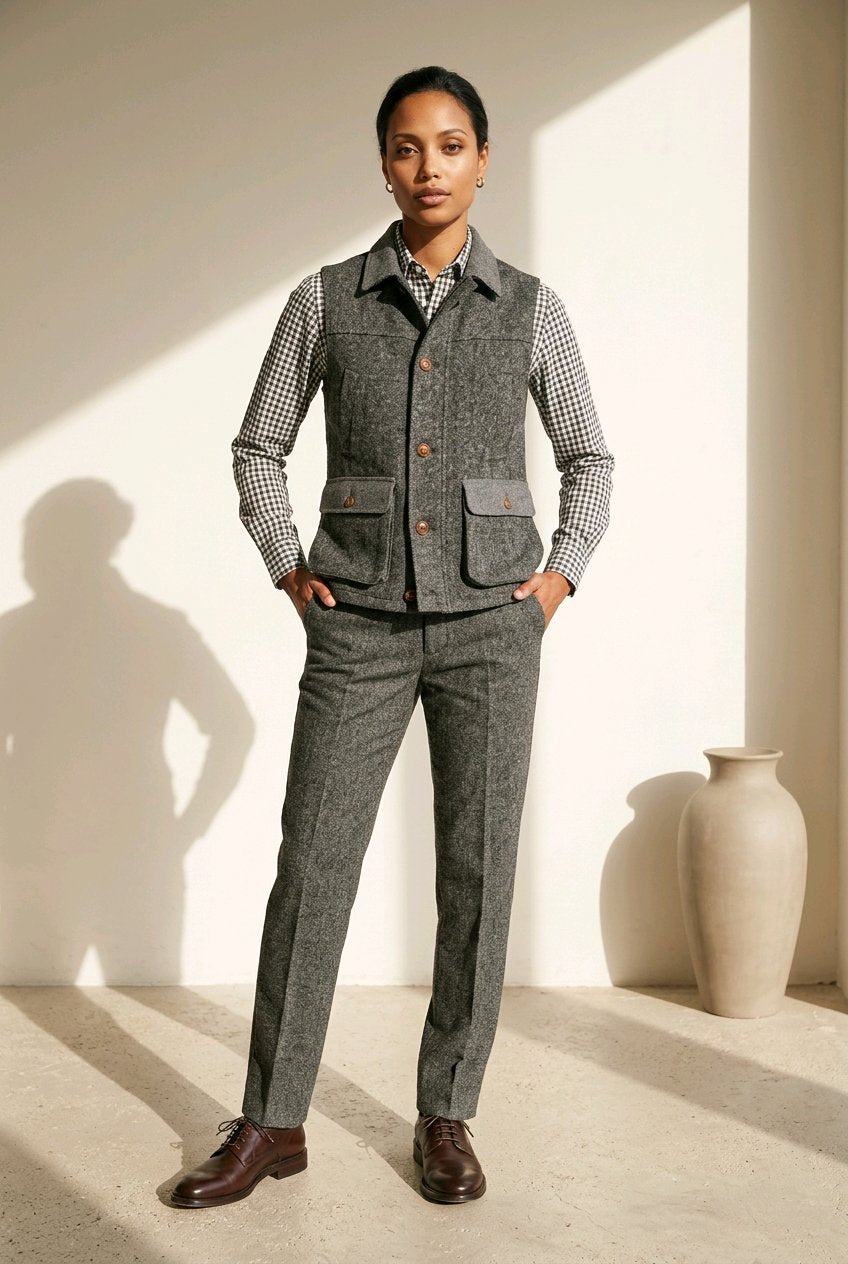 A model stands in a studio wearing a tailored gray herringbone vest and matching trousers over a checkered shirt, with brown dress shoes. The scene has warm sunlight casting shadows on a beige wall, with a large ceramic vase on the right.