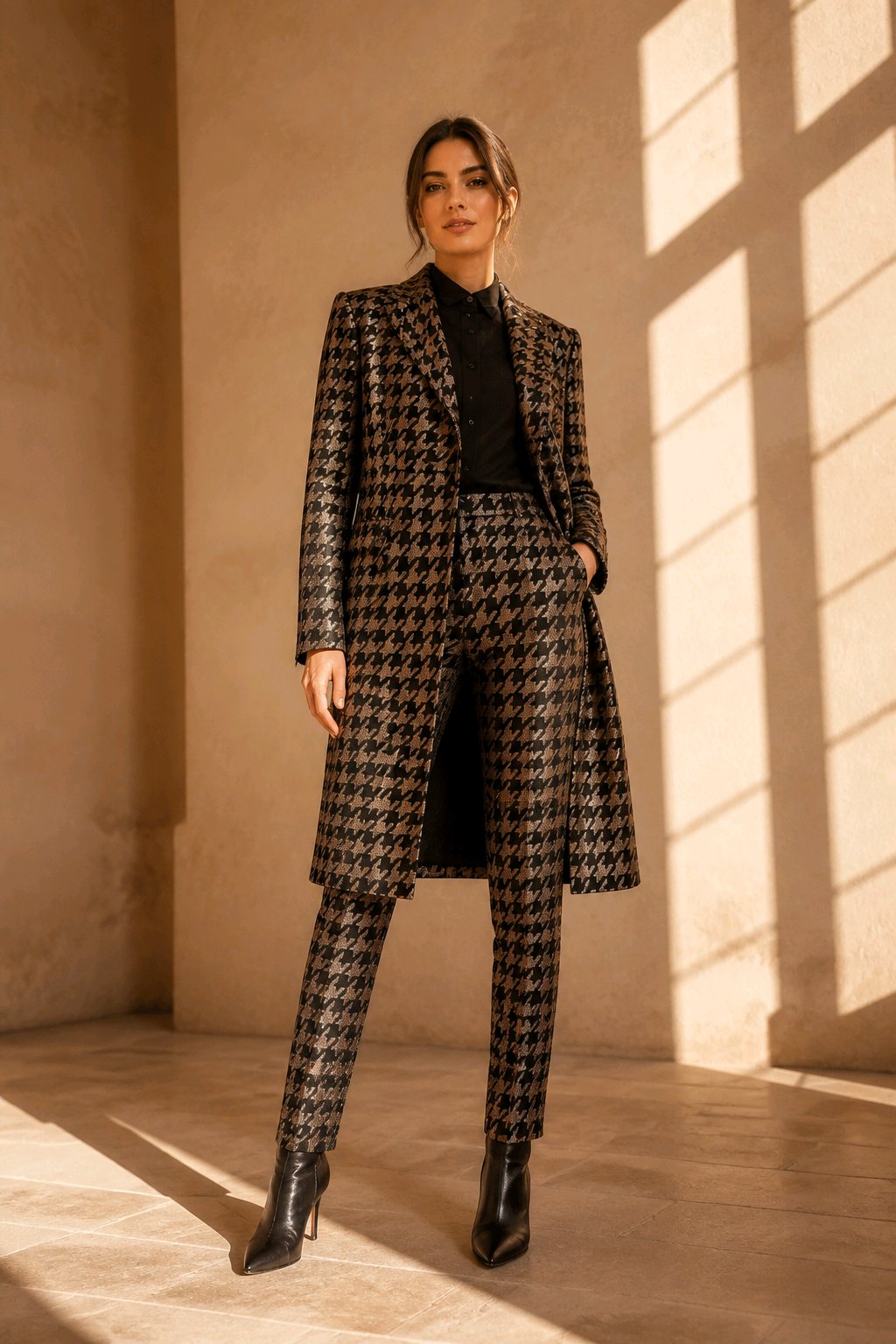 A model stands in a sunlit room wearing a tailored black-and-beige houndstooth suit with a long coat, matching trousers, a black turtleneck, and black pointed ankle boots.