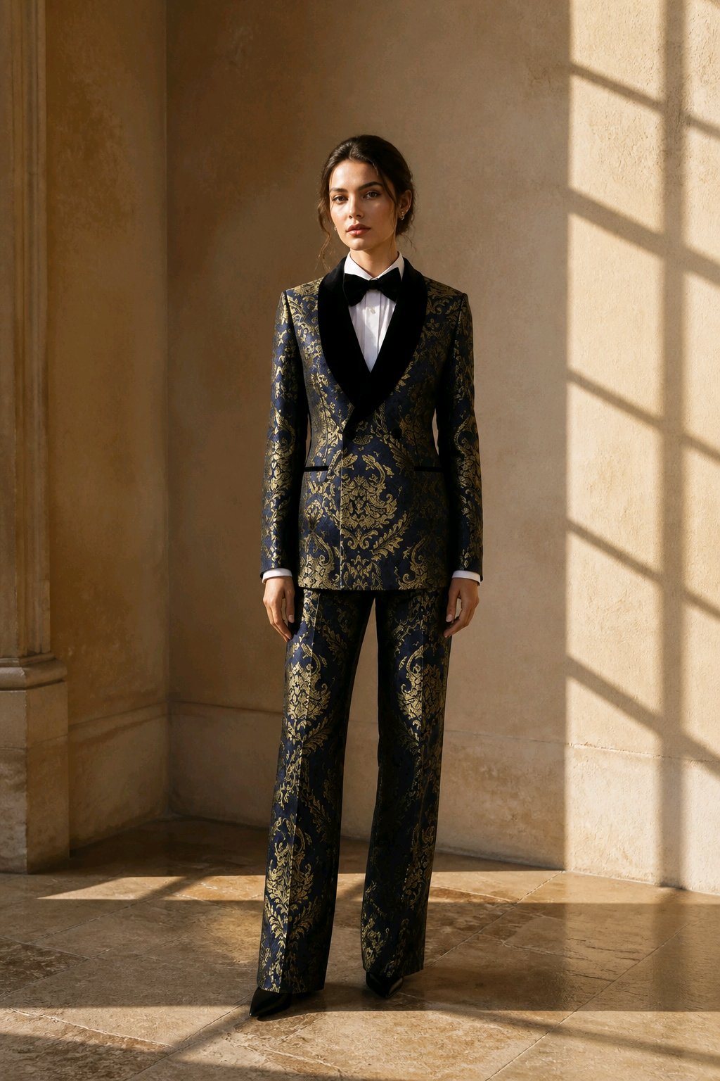 A model stands in a sunlit stone interior wearing a tailored tuxedo-style suit with an ornate dark blue and gold patterned fabric, black shawl collar, white shirt, and black bow tie.