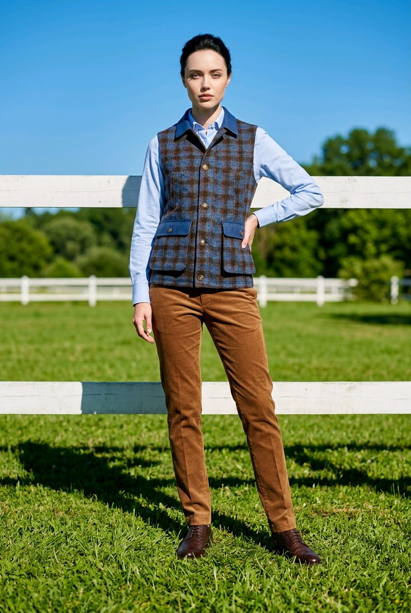 Ladies Tweed blue with rusty orange & brown over-check Gilet