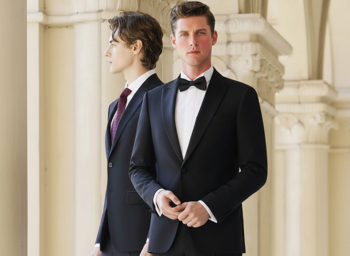 A model wearing a black tuxedo with a single-breasted jacket and gold brocade peak lapel, paired with black trousers.