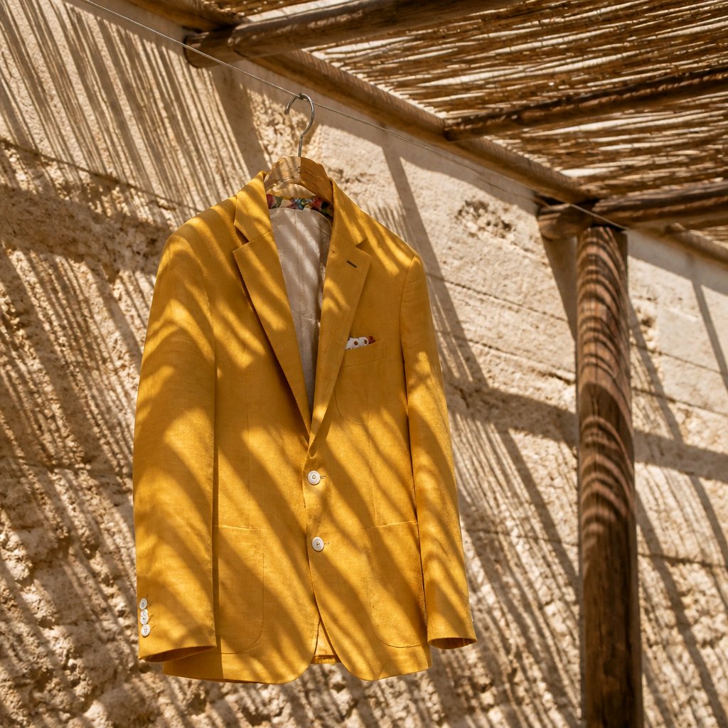 A mustard yellow linen blazer jacket hanging on a wooden hanger against a rustic sunlit wall with shadows from a thatched roof.