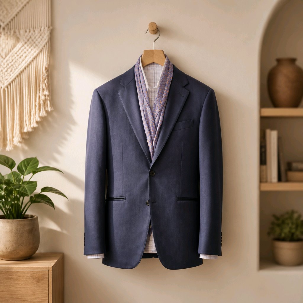 A navy blue blazer jacket hanging on a wooden hanger against a warm beige wall, styled with a patterned purple scarf and a light-colored shirt. The setting includes a wooden plant stand with a green potted plant on the left and a built-in wooden shelf with a ceramic vase on the right.