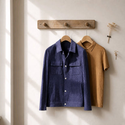 A navy blue corduroy button-up shirt jacket hangs on a wooden hanger from a rustic wall rack, with a tan short-sleeve polo shirt hanging behind it. The scene is styled in a warm, minimalist room with soft window light casting shadows on the off-white wall.