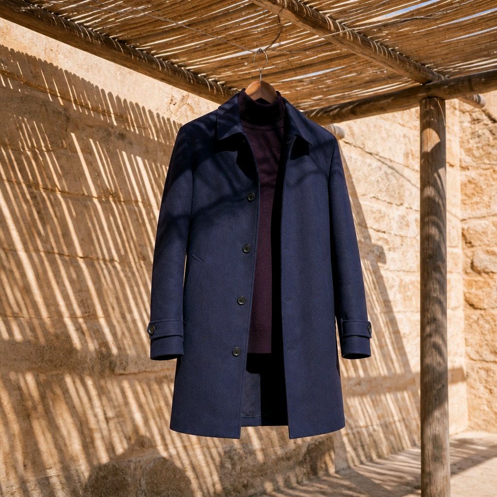 A navy blue Cotton Raincoat hangs on a wooden hanger against a rustic stone wall under a thatched roof, with dappled sunlight casting shadows.