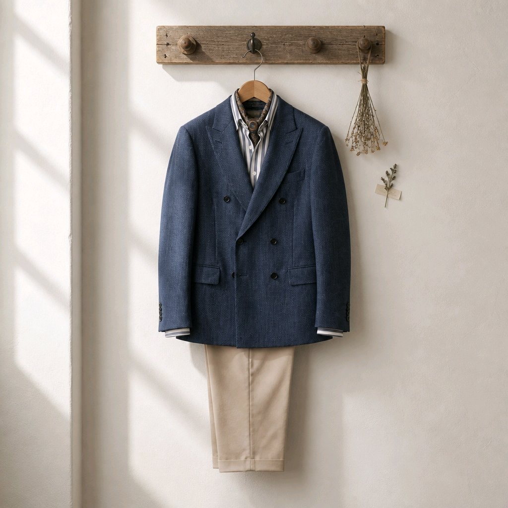 A navy blue double-breasted blazer hangs on a wooden rack against a warm off-white wall, styled with beige trousers, a striped shirt, and dried floral decor.