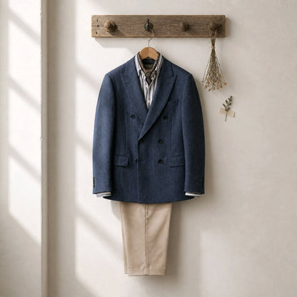 A navy blue double-breasted blazer hangs on a wooden rack against a warm off-white wall, styled with beige trousers, a striped shirt, and dried floral decor.