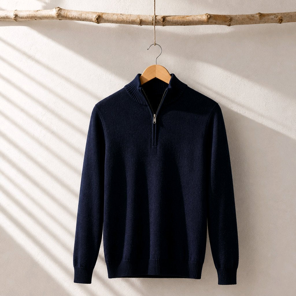 A navy blue half-zip knit sweater hanging on a wooden hanger from a rustic branch, set against a textured off-white wall with diagonal shadow patterns.