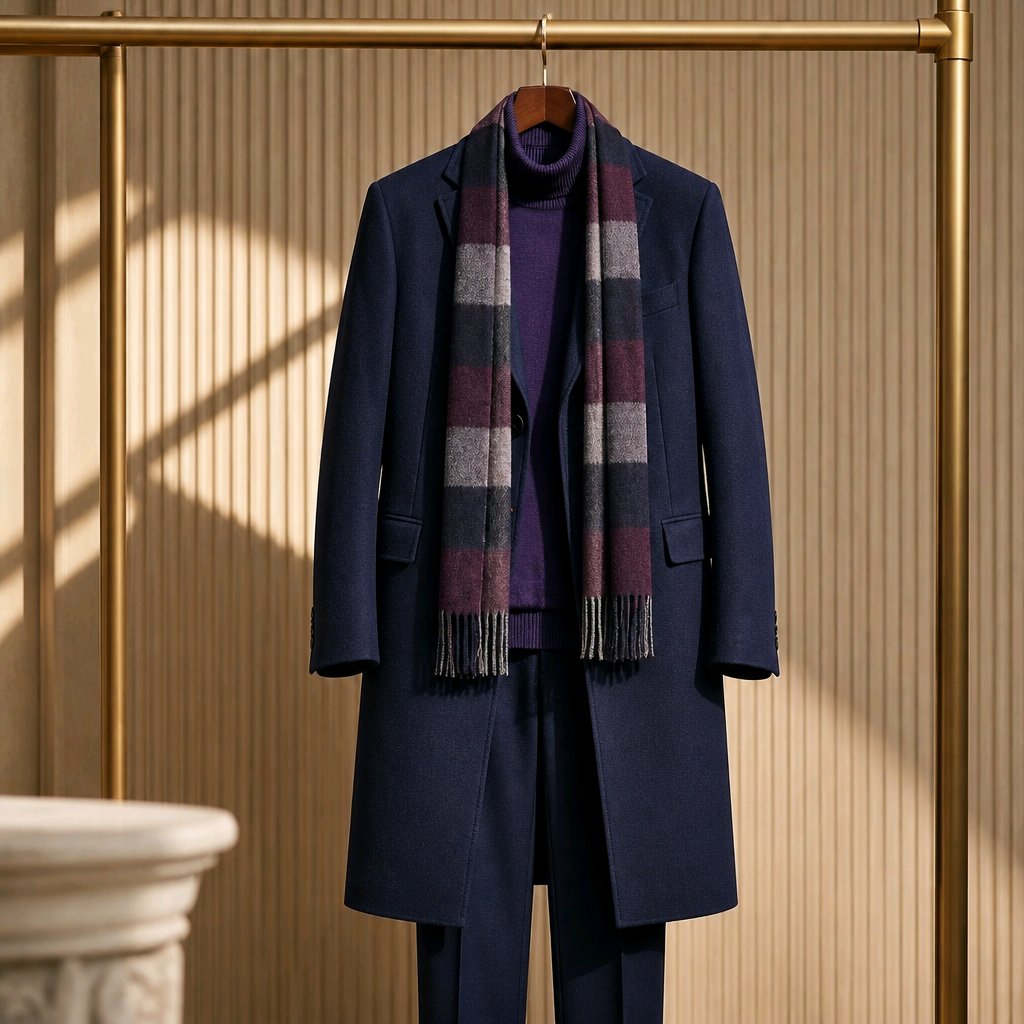 A navy blue men's suit set with a matching overcoat and trousers, styled with a purple turtleneck sweater and a dark plaid scarf, hanging on a gold clothing rack against a beige wood-paneled wall.