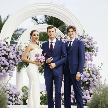 A navy blue panel check single-breasted two-piece Italian suit, with a notched lapel, waistcoat, and a flower girl in a white dress standing behind the two men.
