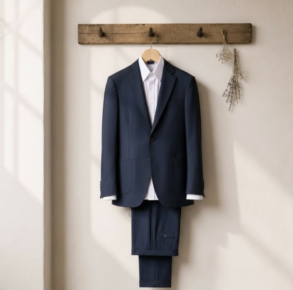 A navy blue two-piece suit with a white dress shirt hanging on a wooden hanger from a rustic wooden wall rack, set against a warm off-white wall with soft window shadows.