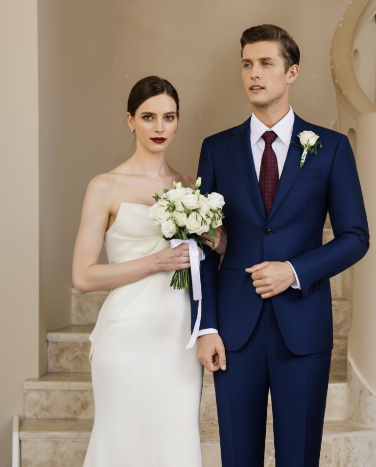 A navy check single-breasted two-piece suit, with the man wearing a jacket and the woman holding a bouquet, standing in a stairwell.