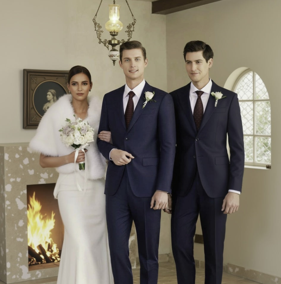 A navy pinstripe single-breasted two-piece suit, with the jacket and trousers sold separately, posed by a group of three people, including a bride and groom, and a groomsman, all dressed in formal wear.
