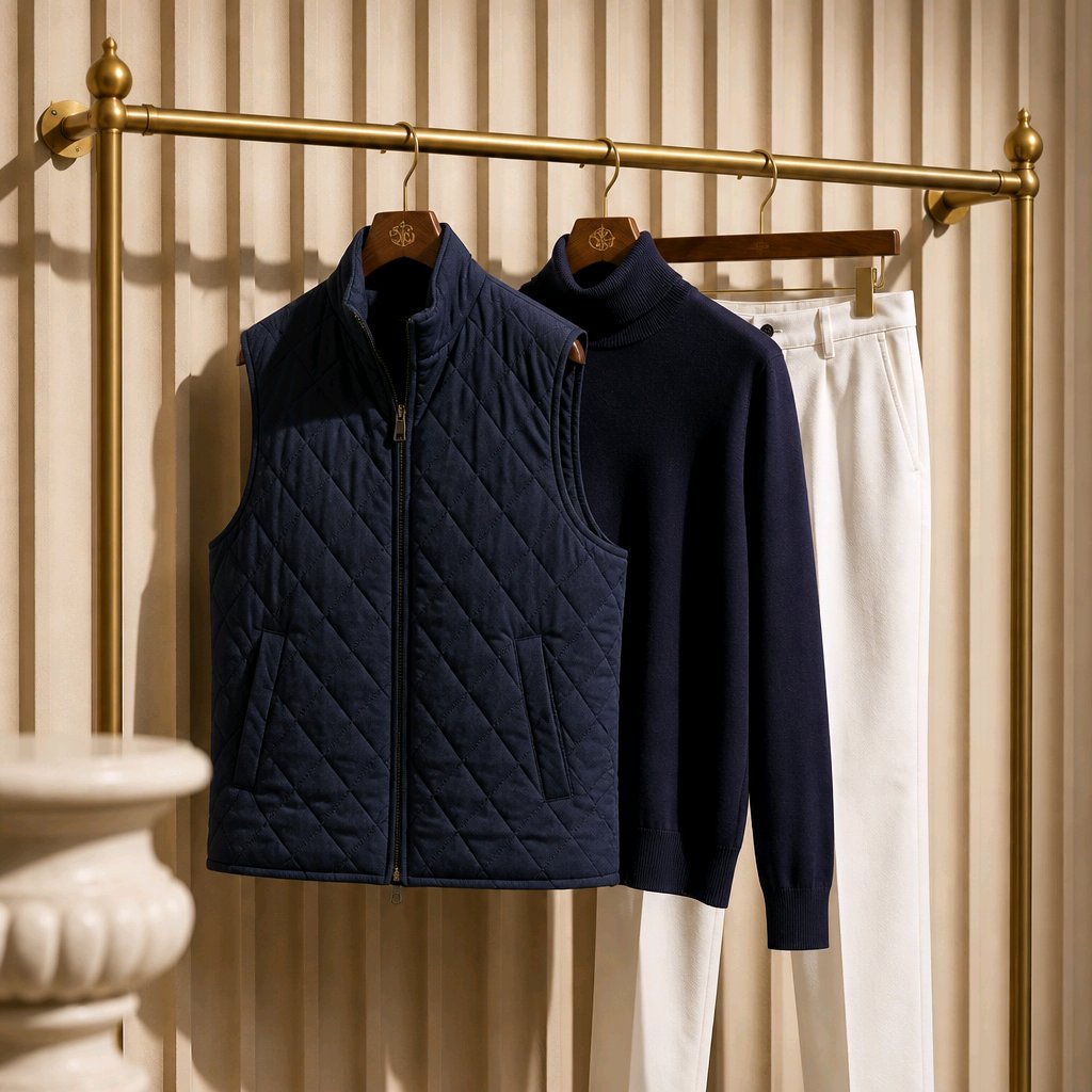 A navy quilted zip-front vest hanging on a brass rack, with a matching navy knit turtleneck sweater and white pants displayed beside it against a beige slatted wall.