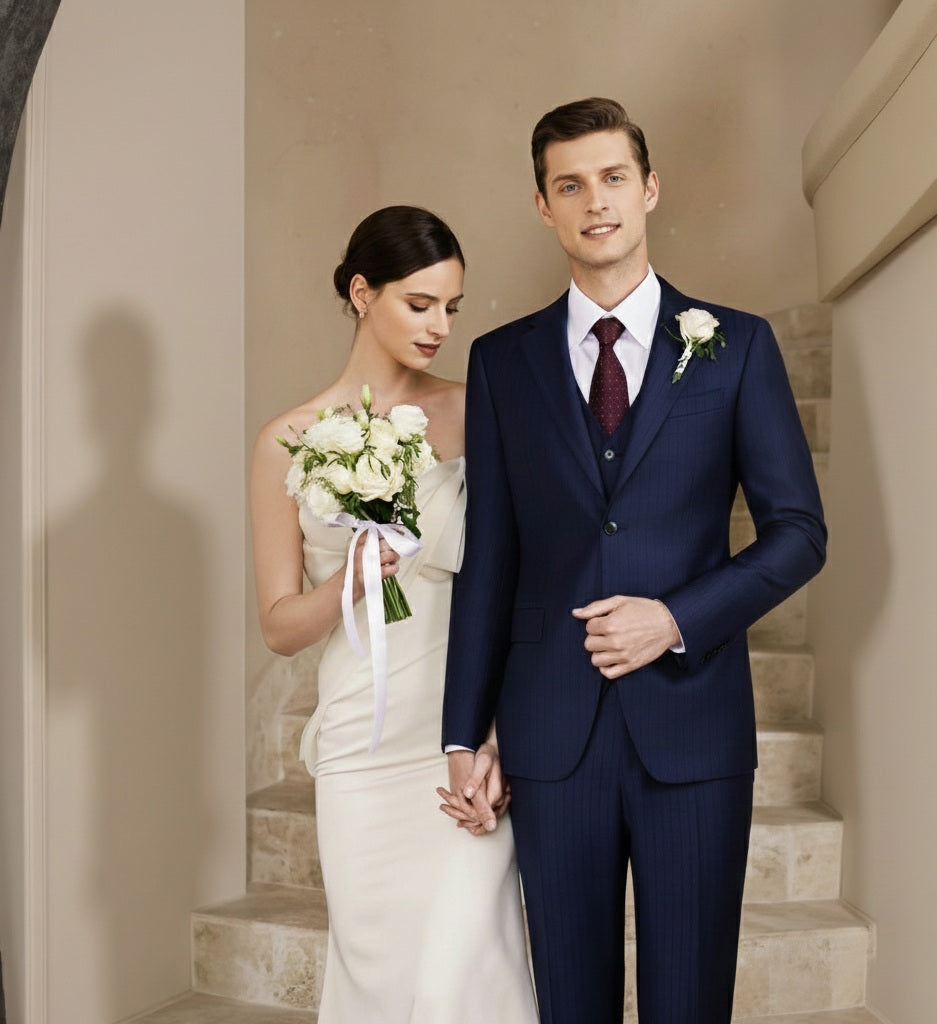 A navy satin stripe single-breasted three-piece suit, with the jacket, waistcoat, and trousers shown in the image. The suit is designed for men and women, appropriate for formal occasions.