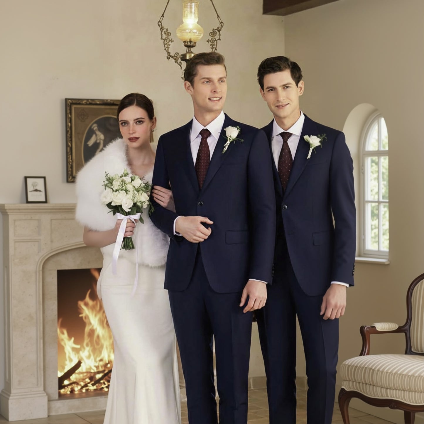 A navy single-breasted two-piece suit with Italian Merino wool fabric, shown with a notched lapel, double vents, and a working cuff, worn by a groom with a flower in his lapel.