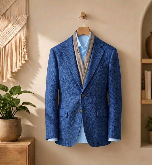 A navy textured blazer jacket styled with a light blue dress shirt, a beige knit sweater vest, and a gray tie, hanging on a wooden hanger against a warm beige wall in a styled room setting.