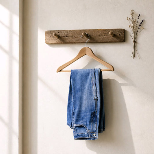 A pair of folded blue jeans hangs from a light wood hanger on a rustic wooden wall hook rack mounted on a cream-colored wall. A small bundle of dried flowers is tucked into the upper right corner of the wall.
