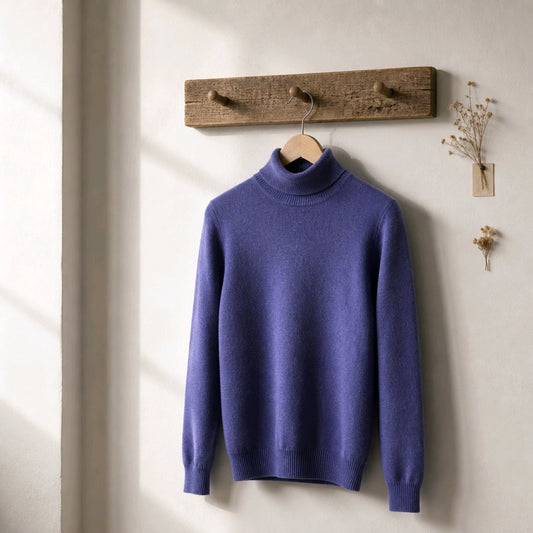 A periwinkle blue knit turtleneck sweater hanging on a wooden hanger from a rustic wooden peg rail on a light beige wall.