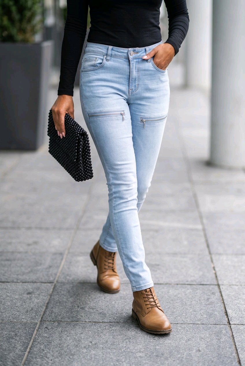 A person walking outdoors wearing light-wash blue skinny jeans, a black long-sleeve top, and brown lace-up ankle boots, while holding a black beaded clutch.