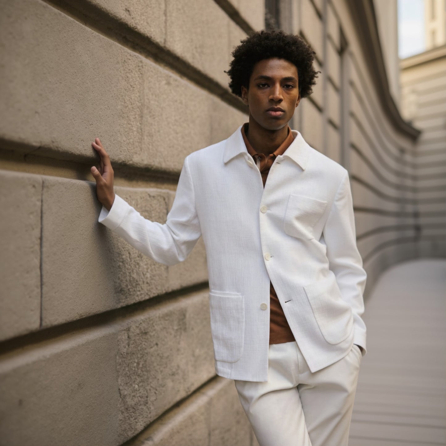 A person wearing a beige cotton and linen jacket with khaki linen trousers, standing against a wall with a textured surface.
