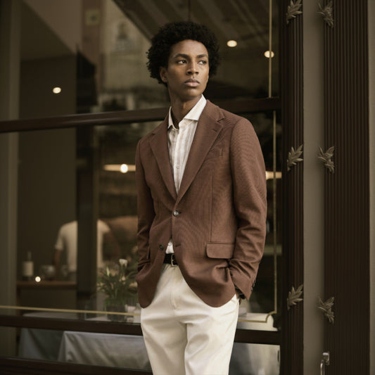 A person wearing a brown Italian tabaco stretch two-piece suit with a notched lapel and straight flapped pockets.