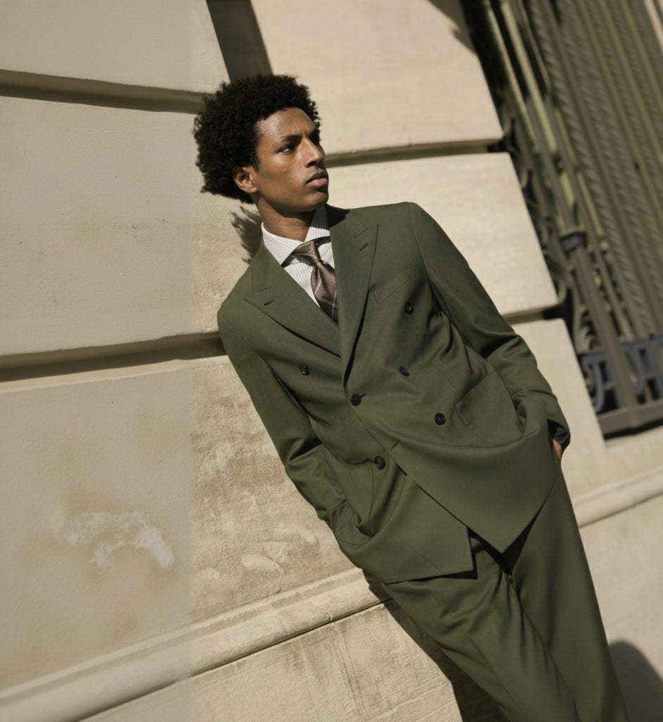 A person wearing a green double-breasted, two-piece suit with a peaked lapel and dark green buttons.