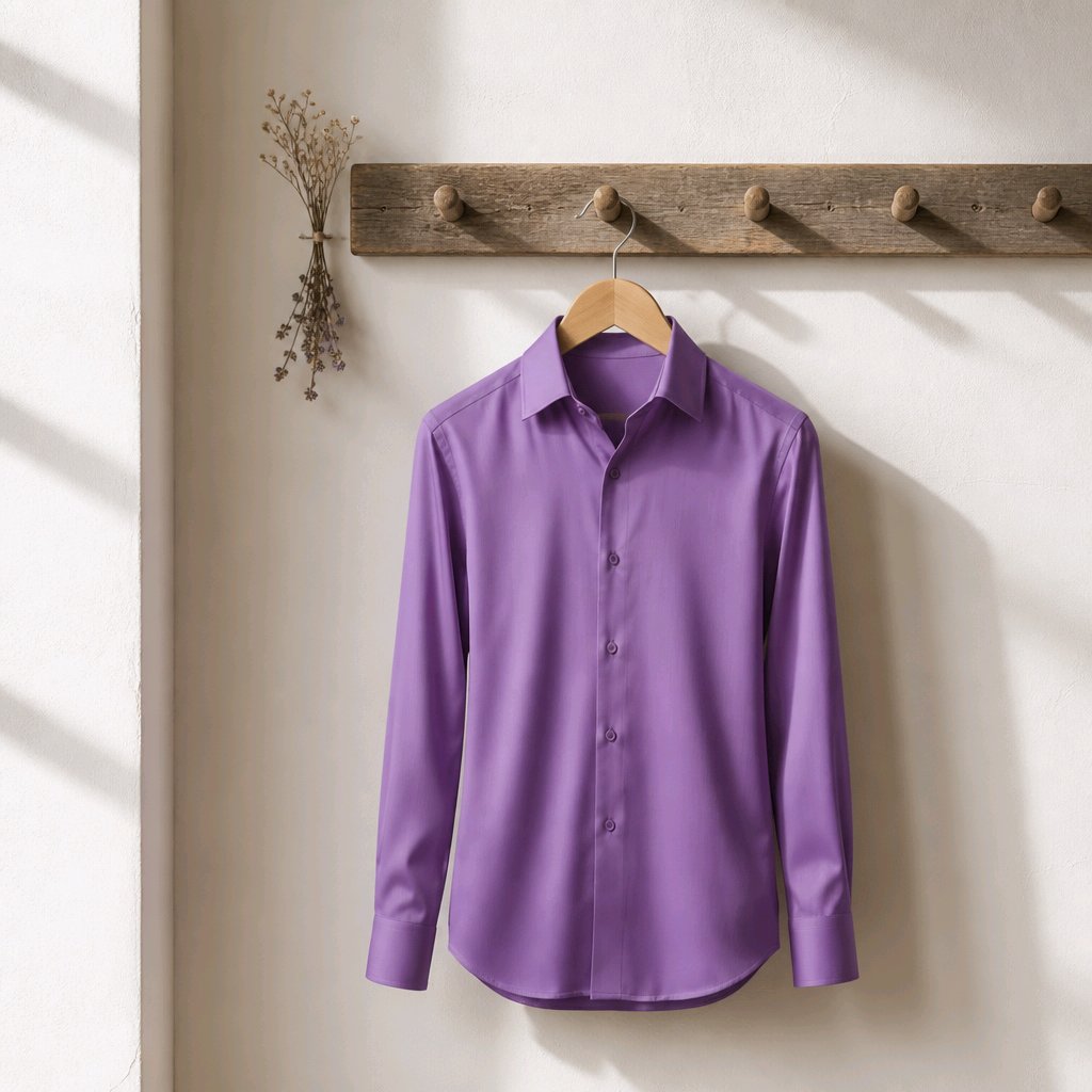 A purple long-sleeve button-up dress shirt hanging on a wooden hanger from a rustic wooden coat rack against a warm off-white wall.