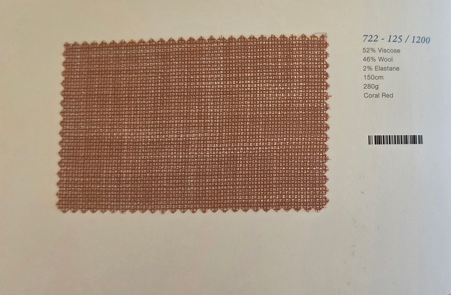 A rectangular coral red mesh fabric swatch displayed on a white background next to printed specifications.