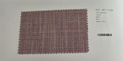 A rectangular woven bamboo fabric sample in a dusty rose or mauve color, displayed on a white background next to printed product specifications.