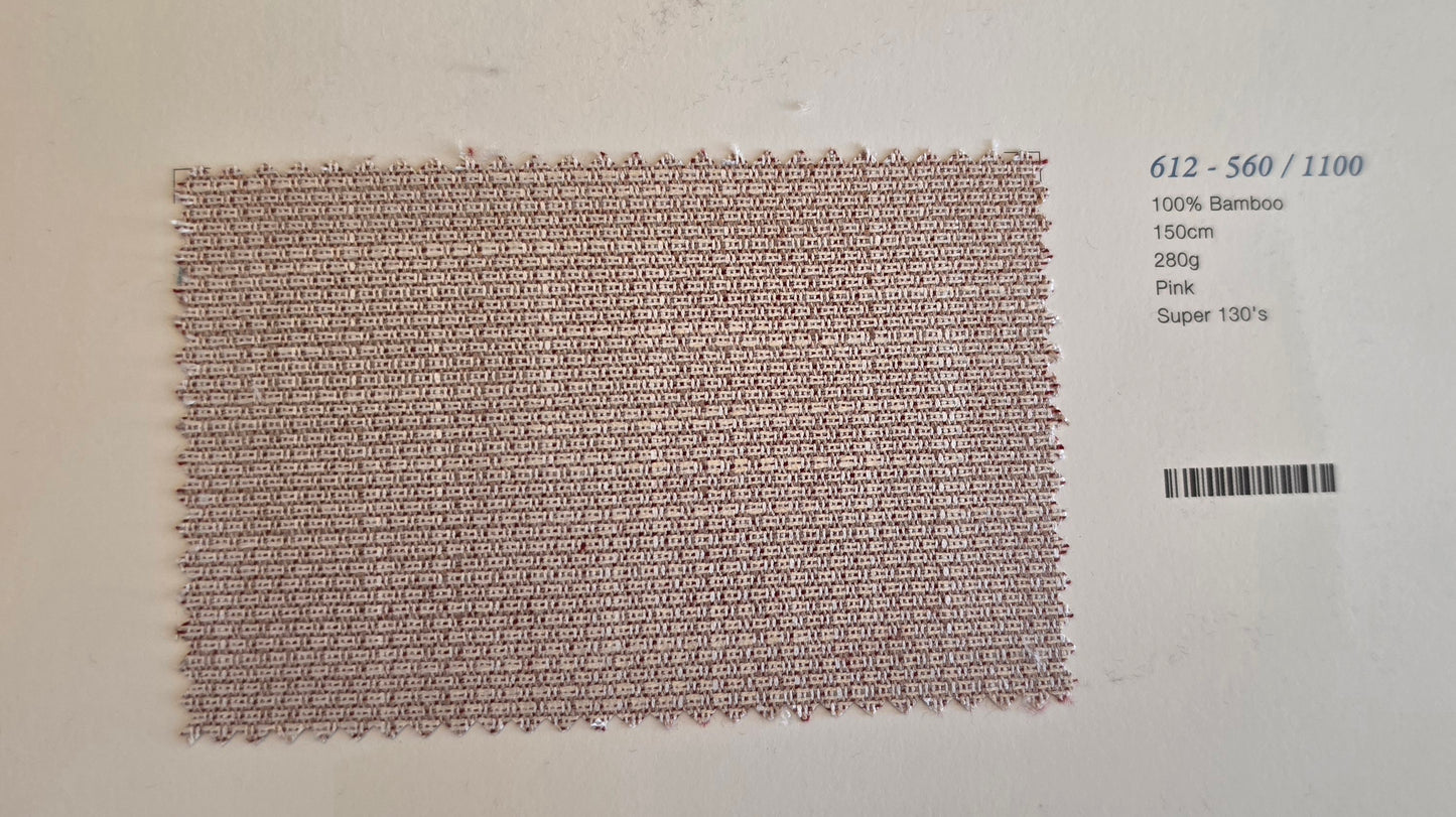 A rectangular woven bamboo mesh fabric swatch in pink, displayed on a white background with product specifications printed on the right side.