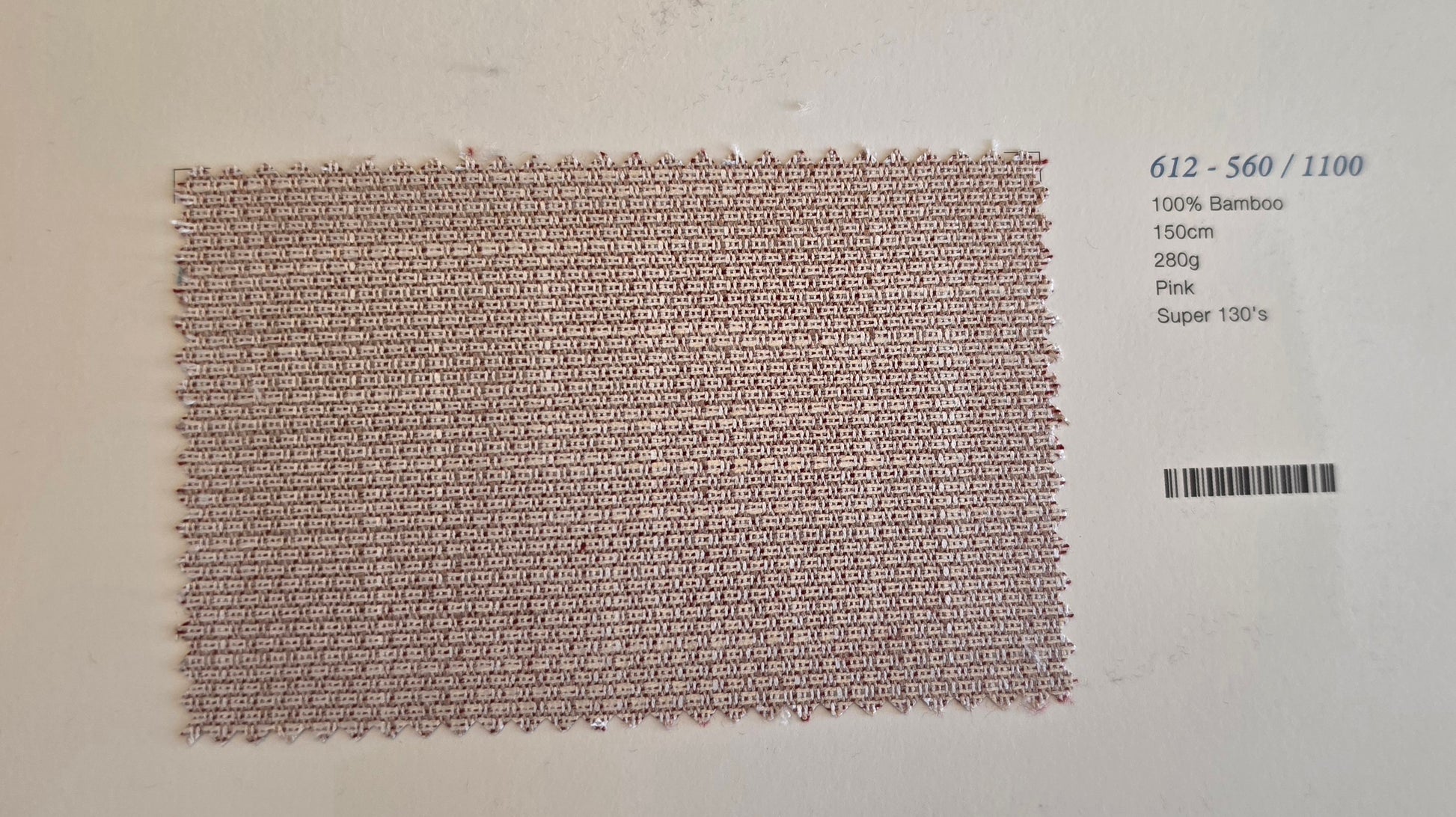 A rectangular woven bamboo mesh fabric swatch in pink, displayed on a white background with product specifications printed on the right side.