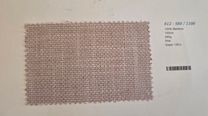 A rectangular woven bamboo mesh fabric swatch in pink, displayed on a white background with product specifications printed on the right side.