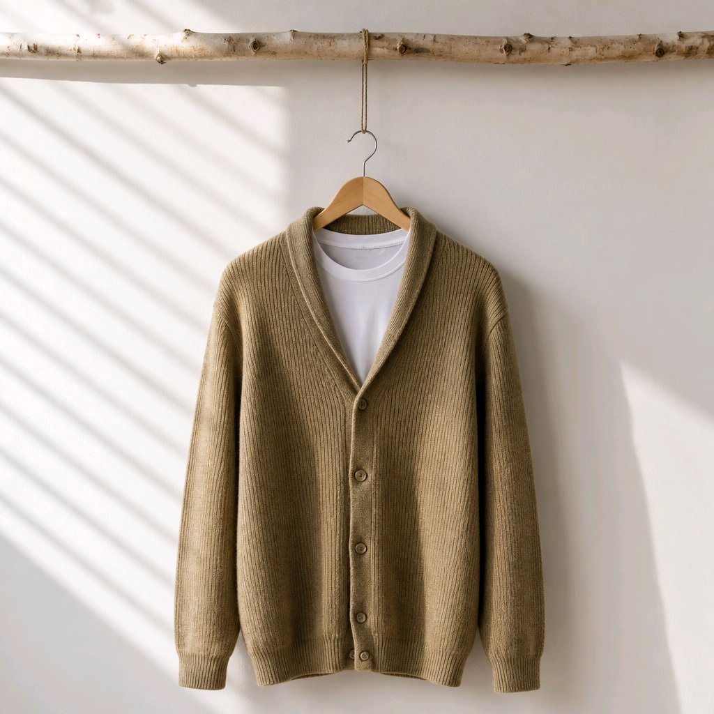 A ribbed knit cardigan sweater in a warm khaki-beige color, hanging on a wooden hanger against a white wall with soft diagonal window shadow patterns. The cardigan is layered over a white crewneck t-shirt.