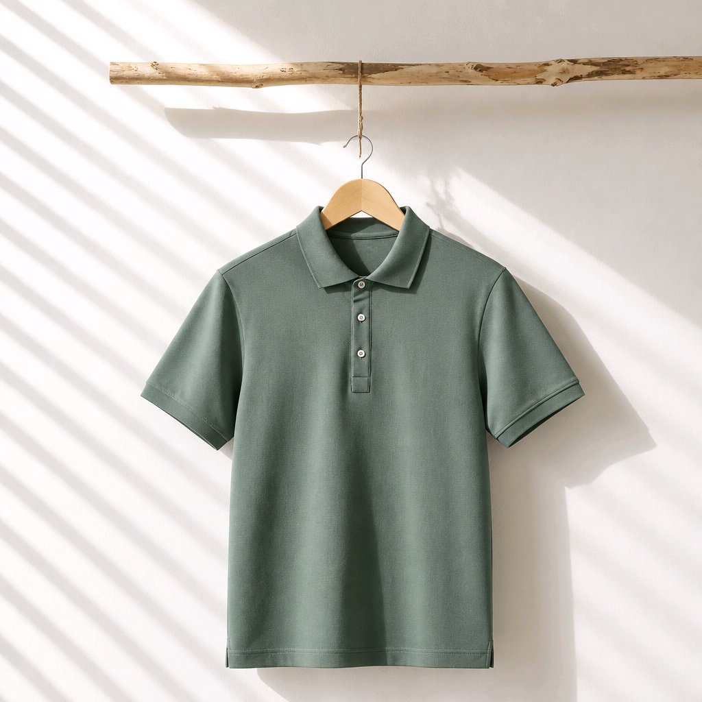 A sage green short-sleeve polo shirt hanging on a wooden hanger from a rustic branch, set against a white wall with diagonal shadow patterns.