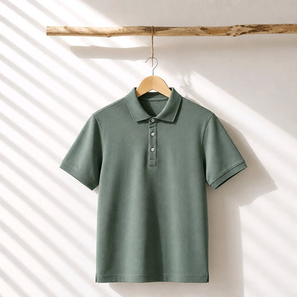 A sage green short-sleeve polo shirt hanging on a wooden hanger from a rustic branch, set against a white wall with diagonal shadow patterns.