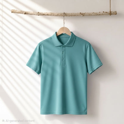 A short-sleeve polo shirt in a muted teal-blue color hangs on a wooden hanger from a natural birch branch, set against a warm off-white wall with soft diagonal shadow patterns.
