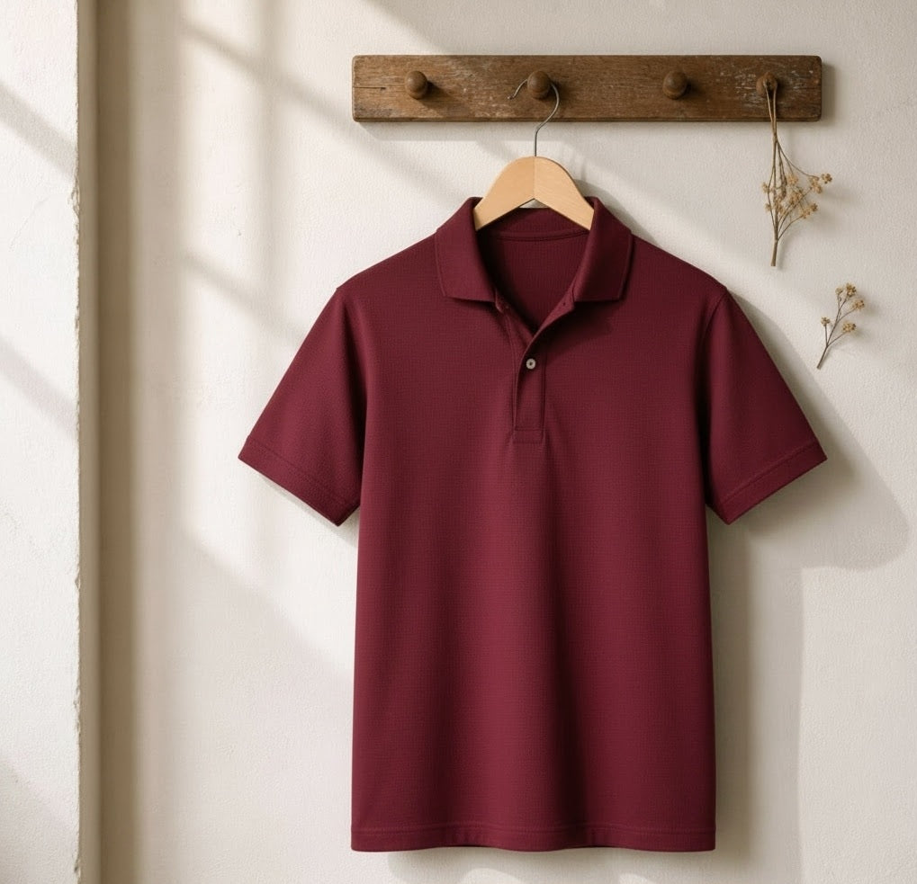 A short-sleeve polo shirt in deep burgundy hanging on a wooden hanger from a rustic wooden wall hook, set against a warm off-white wall with soft diagonal shadows.