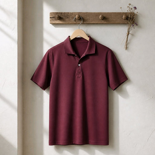 A short-sleeve polo shirt in deep burgundy is hanging on a wooden hanger from a rustic wooden peg rack against a textured off-white wall.