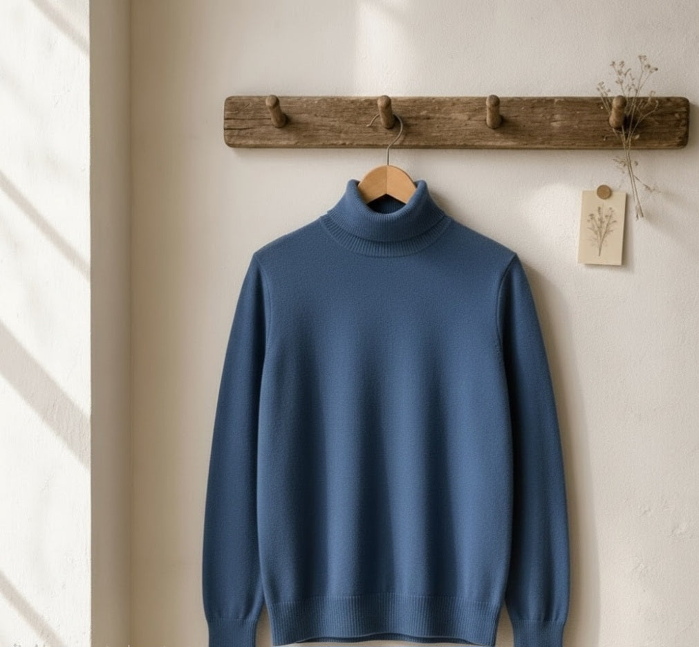 A slate blue turtleneck sweater hanging on a wooden hanger from a rustic wooden peg rack against a warm off-white wall.