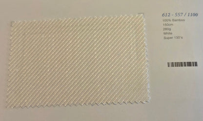 A square fabric swatch of white bamboo twill showing a diagonal textured pattern, displayed on a white background with product details printed on the right.