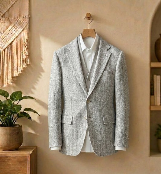 A stone textured blazer jacket with a white shirt and vest underneath, hanging on a wooden hanger against a warm beige wall in a styled interior setting.