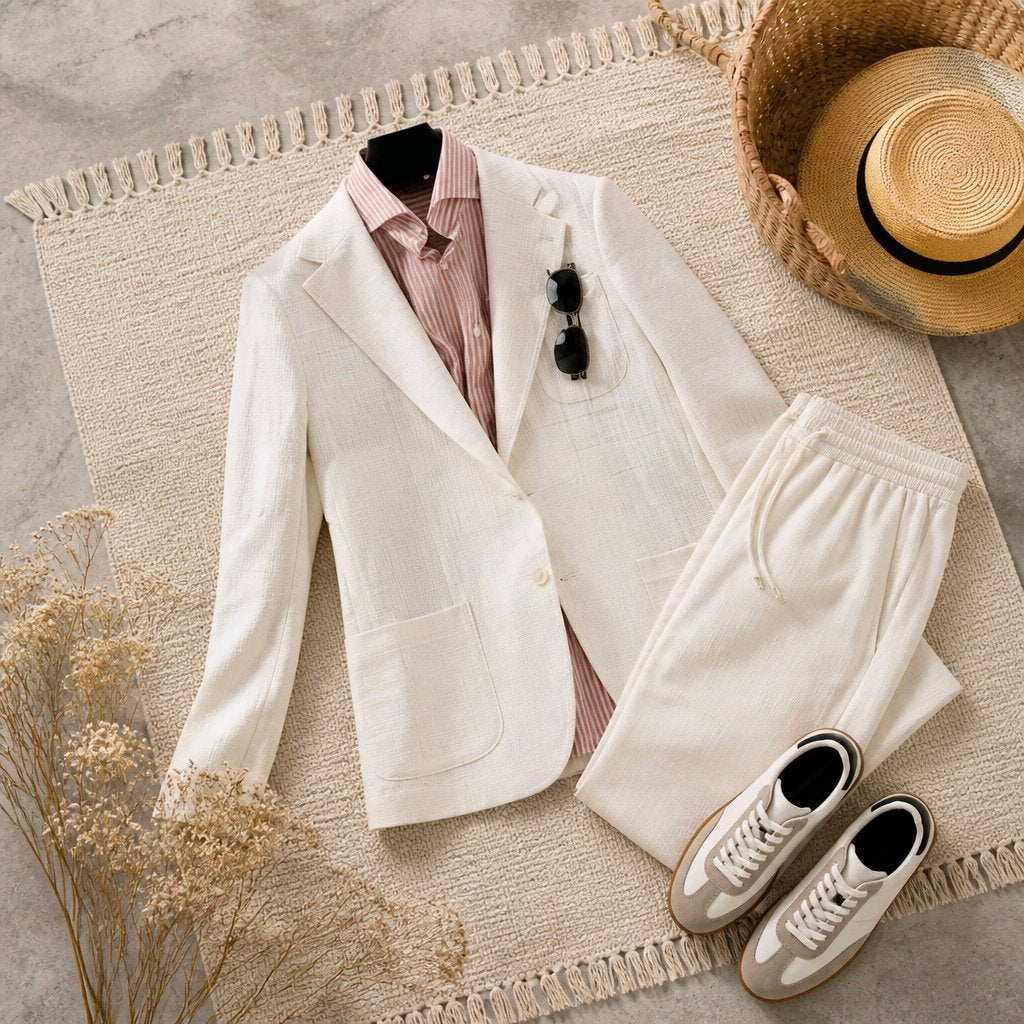 A styled flat-lay of a men's two-piece linen suit in off-white, featuring a blazer and matching trousers. The suit is styled with a pink striped dress shirt, black sunglasses, white sneakers, and a straw hat on a beige woven rug.