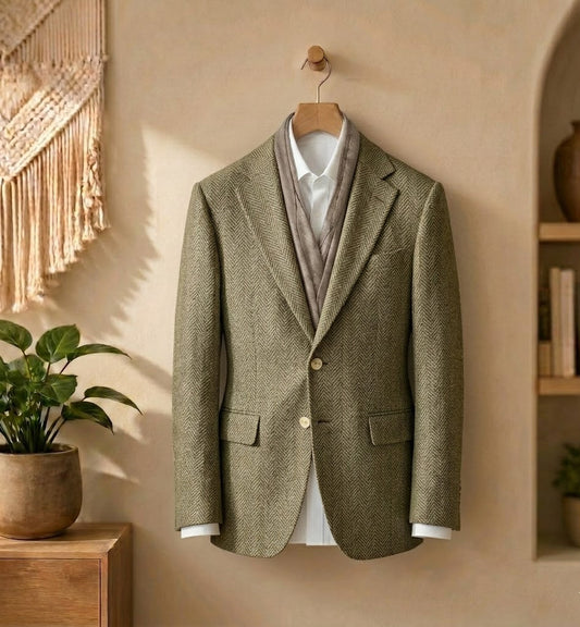 A tailored blazer in textured taupe-gray tweed hangs on a wooden hanger against a warm beige wall, styled with a white collared shirt and a taupe-gray scarf. The setting includes a macrame wall hanging, a potted green plant, and a built-in wooden shelf with books and a ceramic vase.
